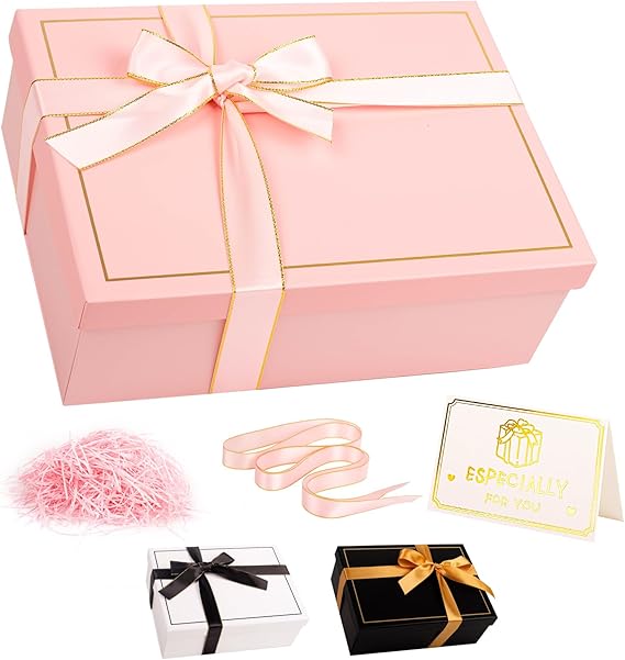 Luxury Pink Gift Box with Lid 25x18x9cm Medium/Large Empty Gift Boxes for Presents, Gift Box for Birthday Christmas Wedding Bridal Valentines Day Present Box with Ribbon Girls Her Women