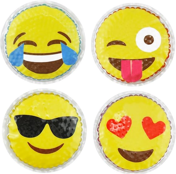Hot Cold Kids Emoji Boo Boo Ice Packs (4 Pack) by FOMI Care | Fun Children's Gel Bead Wrap | Pain Relief for Kids Injuries, Wisdom Teeth, Tired Eyes, Headaches | Reusable | 4 Inches Each