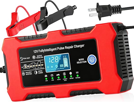 12V 10A Car Battery Charger, Smart Trickle Charger, Automotive Battery Charger with Temperature Compensation/Desulfator Maintainer for CarMotorcyclesLawnmowersTrucks