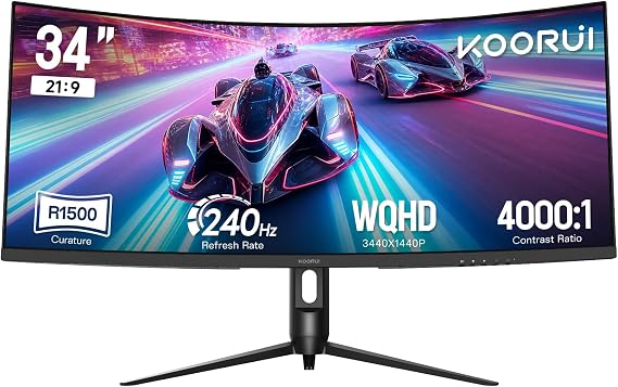 KOORUI 34 inch Ultrawide Curved Gaming Monitor，240hz，WQHD(3440x1440)，HDR400，Contrast 4000:1，1ms，1500R，Adaptive Sync，PIP/PBP，VESA，DP/HDMI G3441XC