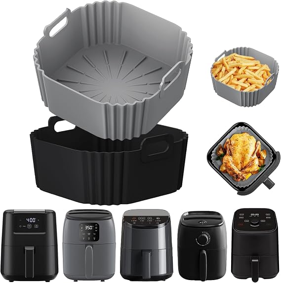 Air Fryer Liners Silicone，2 PCS Air Fryer Liners for Chefman 2L Mini/Cosori 2L/Midea 2L, Silicone Air Fryer Liner 1L-2L, Air Fryer Liners Silicone Square,14 * 14 * 6.5CM, Black and Grey