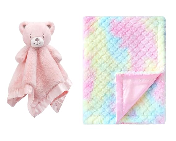 2 Pack Baby Bear Security Blanket Soft Minky Lovey + Fluffy Fuzzy Fleece Baby Blanket with Silk Silky Backing Blue 30 x 40 Inches