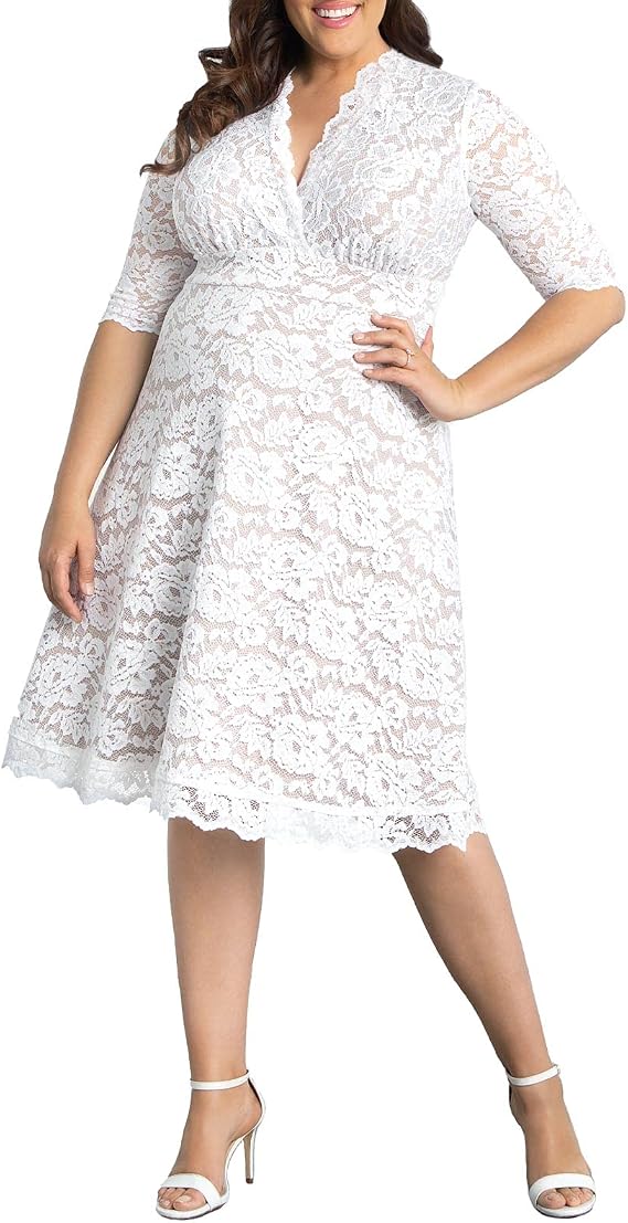 Kiyonna Women's Plus Size Bella Short Lace Dress, Simple Wedding, Bridal Shower, or Graduation Midi Dress