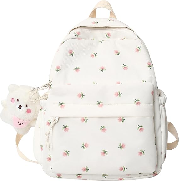 Small Flower school bag for Teen Girls Kawaii Floral Backpack for Girls Women Student Aesthetic Cute Mini Bookbag, White, S