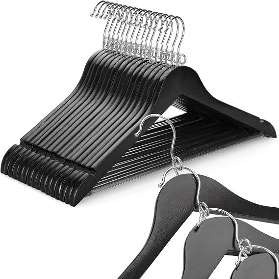 TOPIA HANGER Black Wooden Hangers 30 Pack, Space Saving Coat Hanger with 360 Swivel Cascading Loop Hook, Non Slip Pants Bar and Shoulder Notches for Camisole, Jacket, Suit, Clothes Hangers -CT74B30