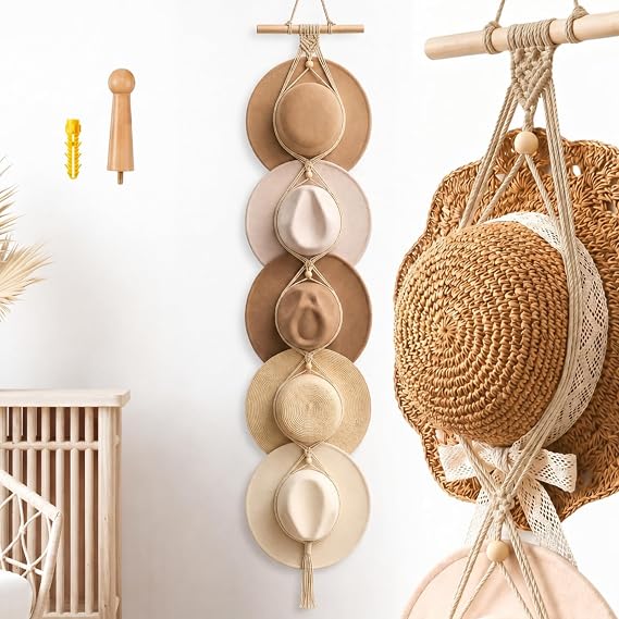 Macrame Hat Hangers Racks Boho Cowboy Hats Holders Western Display Organizer Storage decor Back of Door for Wall(Beige,Five Hats Style)