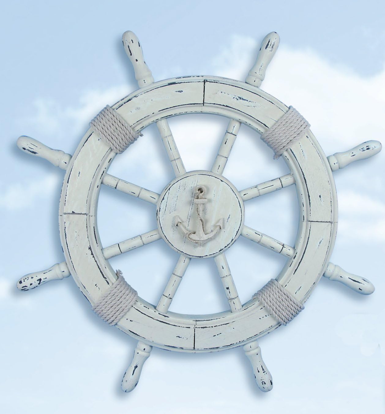 HS 24 Distressed White Wood Nautical Ship Wheel Wall Art [B0080FCCNA]