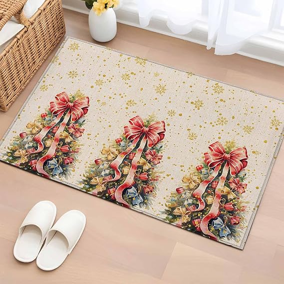 Area Rugs 2x3 for Living Room, Christmas Snowflake, Non Slip Washable Rug Runner, Watercolor Gold Bow Pine Tree Low Pile Indoor Floor Carpet Mat Bathroom Rugs for Bedroom, Kids Room