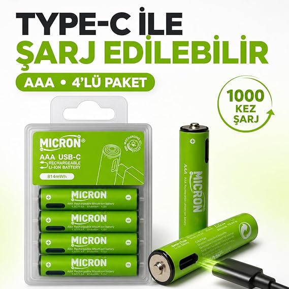 Micron AAA Şarj Edilebilir Lityum Pil 1.5V 1000 Döngü USB Type-C Girişli AAA İnce Kalem Pil 4’lü