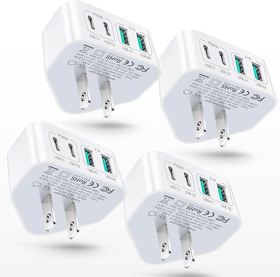 4-Pack USB C Charger Block, 40W 4 Port Flat Fast USB C Wall Charger PD 3.0 Power Adapter Multport Type C Charging Plug Brick for iPhone 16 15 Plus 14 13 12 11 Pro Max XS XR 8,Samsung,Tablet