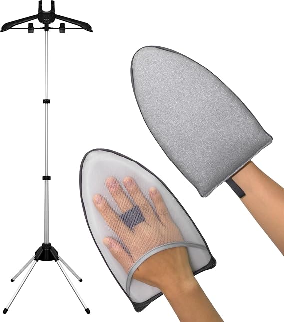 Clothes Steamer Rack Stand with Ironing Glove - Portable Steamer Hanger for Wrinkle Removal, Garment Steamer Rack with Handheld Ironing Pad Board for Quick Clothing & Fabric Steaming