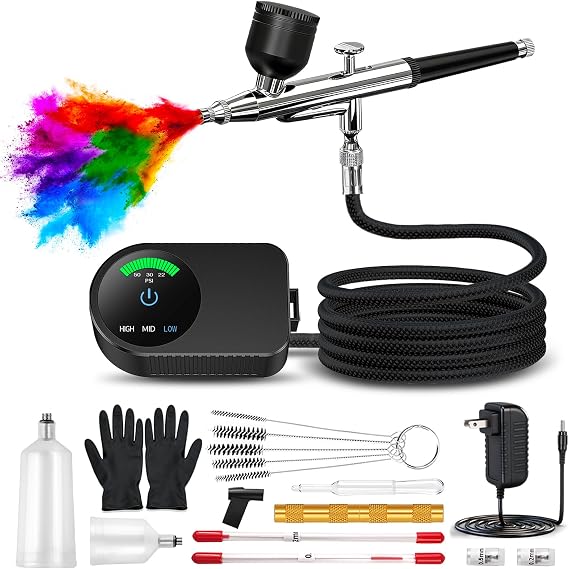 Airbrush Kit with Air Compressor, 22/30/50 PSI High Pressure Air Brush Non-Clogging with 0.2/0.3/0.5mm Nozzle/Cleaning Sets, Ideal for Painting, Modeling, Cake Decor, Makeup,Nail Art