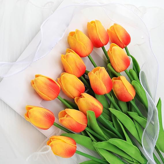 Kisflower Artificial Tulips Latex Tulips 12 Pieces Artificial Flowers with Realistic Touch for Home Office Wedding Decoration (Red and Yellow)