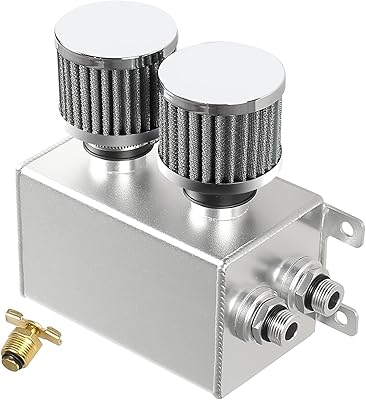 BHB 1.2L Universal Aluminum AN10 Twin Baffle Dual Filter Engine Oil Catch Can Tank With 2 Air Filters Oil Catch Reservoir Tank Can Breather Kit Silver