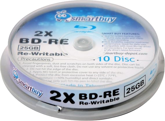30 Pack Smartbuy 2X 25GB Blue Blu-ray BD-RE Rewritable Logo Top Blank Disc | Erasable Blank Blu-ray Recordable Data Media Disc, Rewritten up to 1,000 times, Hold Roughly 2 hours of high-definition Video