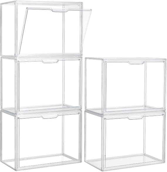Acrylic Display Case 5 Pack Acrylic Box with Magnetic Door Clear Plastic Stackable Storage Bins with Lids Large , Figures Collectibles Display Bag Organizer, SANKEU