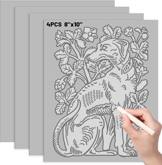 4 Pack Linoleum Blocks for Printmaking, 8 X 10 Inch Rubber Sheets | Soft Rubber, Easy To Carve, For Stamps, Cards, Prints, Beginners And Artists