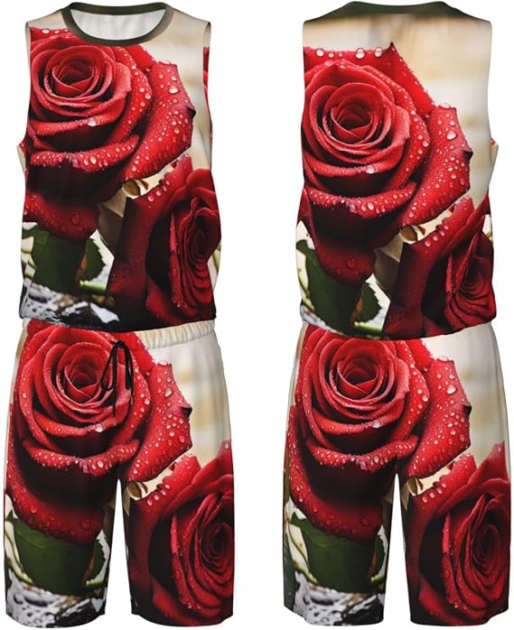 Mens Basketball Jerseys Red Rose Flowers Uniform Suit Mesh Sports Jersey Outfits T-Shirt and Short Sets