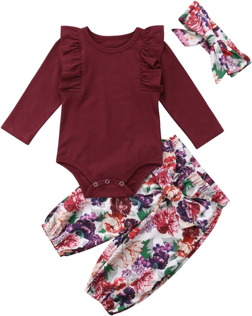 3PCS Clothes Set Newborn Toddler Baby Girl Romper Bodysuit Jumpsuit Floral Halen Pants Outfit Clothes
