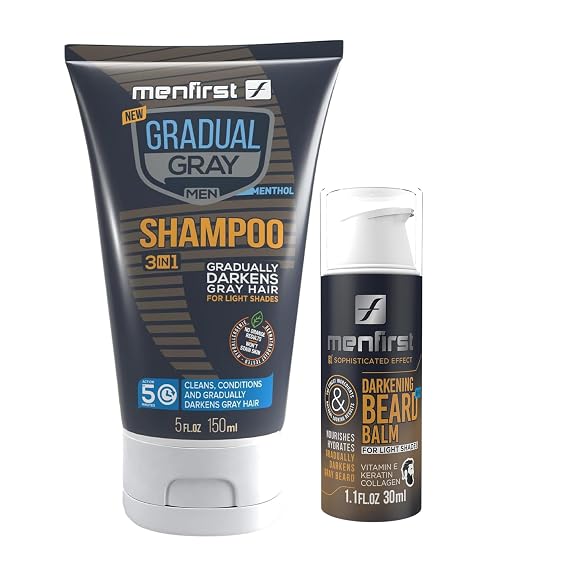 MENFIRST Gray Reducing Shampoo & Darkening Beard Balm Bundle for Men Light Brown to Blonde Shades Hair Shampoo (5 oz) + Leave-In Beard Conditioner (1 oz) Chemical-Free
