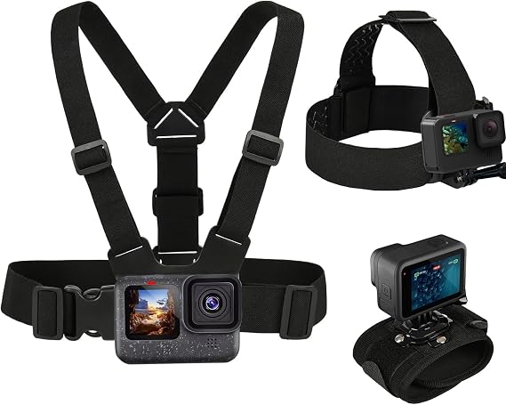 3 in 1 Accessories Set for GoPro Hero 13 12 11 10 9 8 7 6 5 4 3 Black, Chest Mount Harness/Head Strap Mount/ 360Rotating Wrist Strap, Adjustable Flexible Accessories Kit