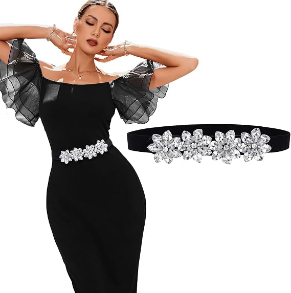 Black Stretch Belt Rhinestone Skinny Belts Crystal Waist Belt Cinch Belt for Women and Girls