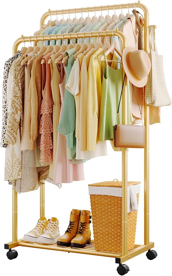 Sakugi Double Rod Clothing Rack Shoe Shelf & Hooks, 73x42x150cm, Gold