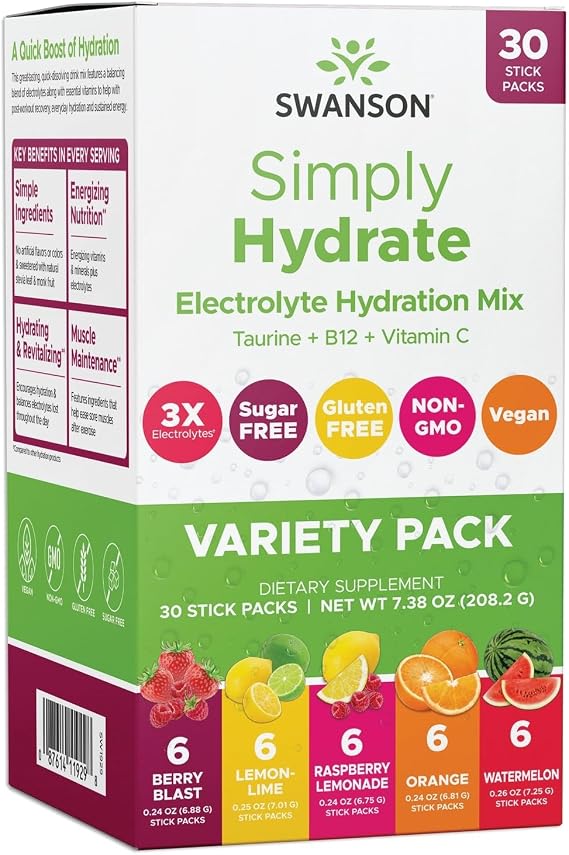 Swanson Simply Hydrate Sugar-Free Electrolyte Mix, 30 Packets, Variety Pack