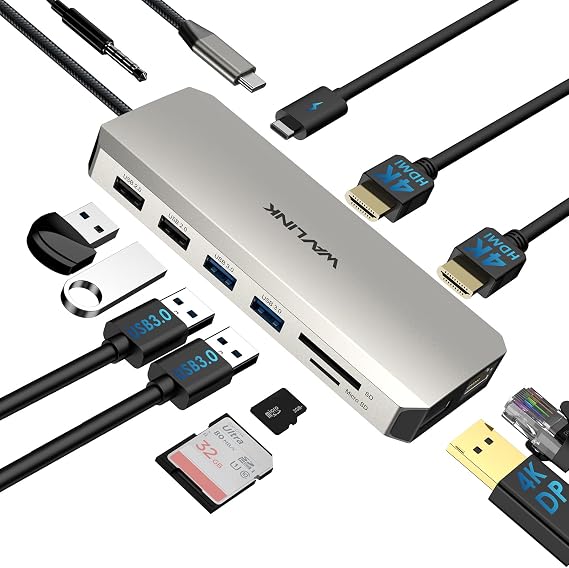 WAVLINK USB C Laptop Docking Station Triple Dual Monitor for Dell/Lenovo/HP/XPS, USB-C Hub Multiport Adapter Dongle Dock, 2 HDMI, DisplayPort, Ethernet, 85W Power Delivery, SD Card Reader, Audio