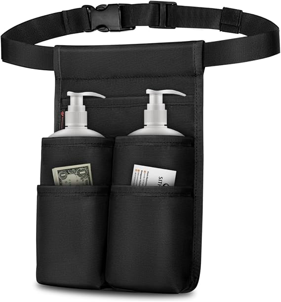 SITHON Massage Bottle Bag, Professional Massage Therapist Holster for 2 Bottles, Lotion Oil Waist Holder Organizer with Adjustable Belt, Multiple Pockets (Bag Only) (Black)