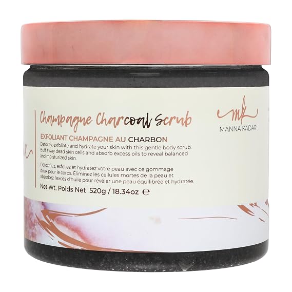 Manna Kadar Beauty Champagne Charcoal Scrub, 18.34 Oz - Detoxify, Exfoliate, Hydrate, Moisturize, Restore Skin, Gentle Body Scrubs, Leaves Skin Polished, Hydrated, Refreshed, Buff Away Dead Skin