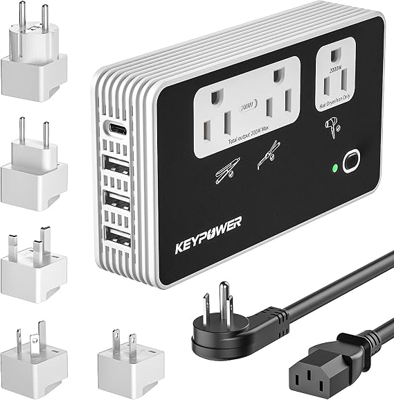KEY POWER 2000W Voltage Converter US to Europe, 220V to 110V Converter for European Travel for Hair Dryer Straightener Curling Iron,International Universal Power Adapter with Type C, EF, G, I, A.