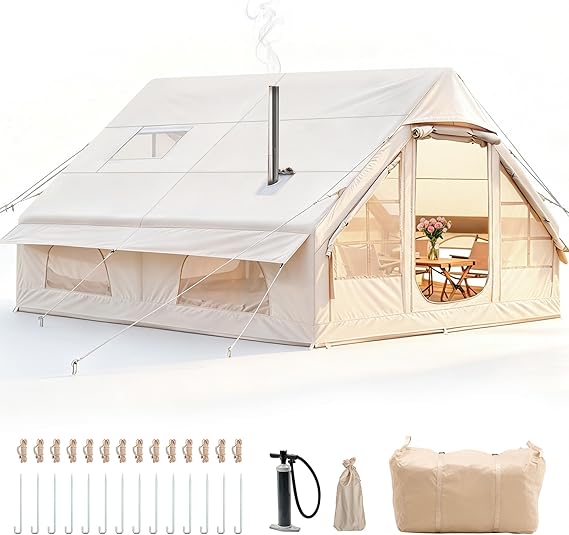 Inflatable Camping Tent with Pump, 420D Oxford Glamping Inflatable Tent for Camping, Waterproof up to 3000 mm, 4 Seasons, Windproof, Anti-UV Oxford Cabin Tent with Mesh Windows and Doors for 2-10