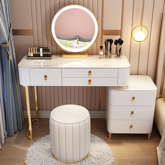 Vanity Desk, Makeup Vanity with Padded Stool, Dressing Table with LED Lighted Mirror and Side Table, Makeup Table with 3 Drawers(WhiteA,100cm/39.3in)