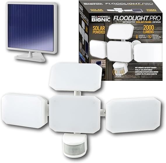 Bionic Floodlight Pro Solar Lights Outdoor, Motion Sensor LED, 2000 Lumens, 108 High Power LEDs, 4 Adjustable Swiveling Panels, Waterproof, 14.9 Ft Cord for Garden, Patio, and Yard