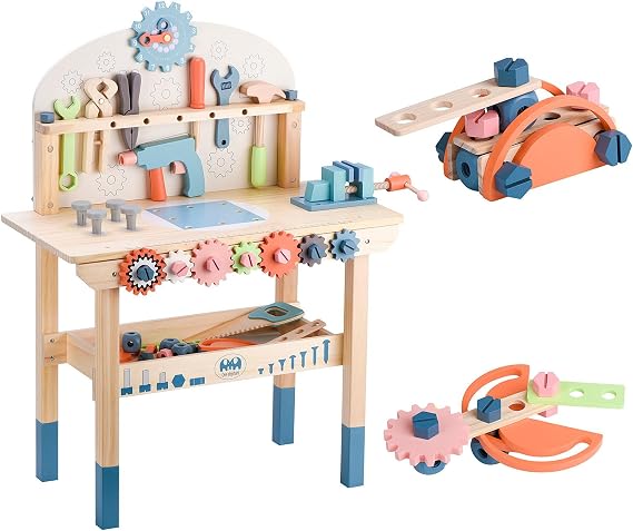Tool Bench for Kids Toy Play Workbench Wooden Tool Bench Workshop Workbench with Tools Set Wooden Construction Bench Toy for 3 4 5 Year Old Boys and Girls