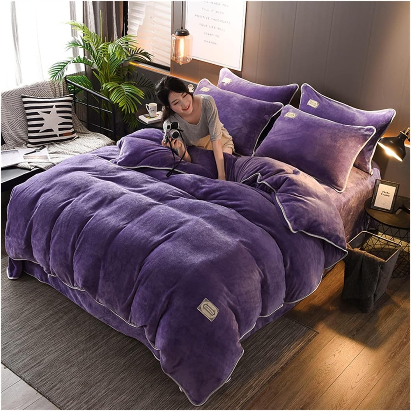 Bedding Sets 4PCS Winter Super Thermal Insulation Printed Solid Duvet Cover Bed Spread Pillowcases Bedding Sets Comforter Set (J Queen)
