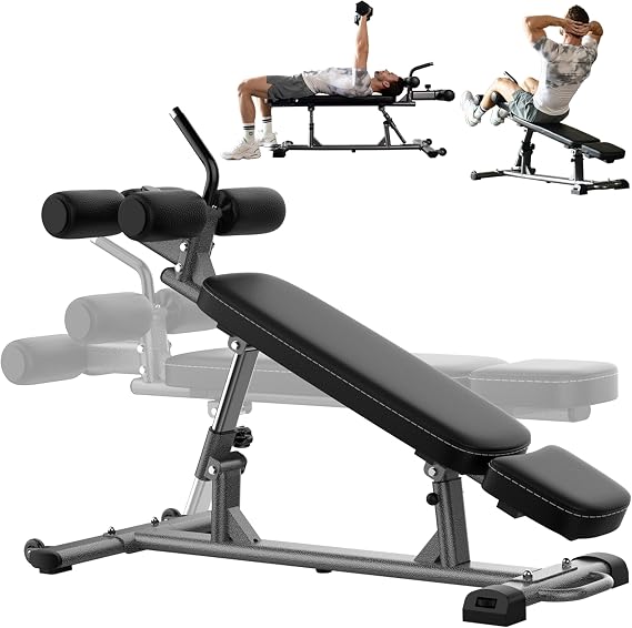 Finer Form Semi-Commercial Decline Sit Up and Flat Weight Bench | 1,100 lb Capacity, Reverse Crunch Handle, Adjustable Foot Rollers, Extra Long Thick Pad, Wide Base, Full Body Workouts