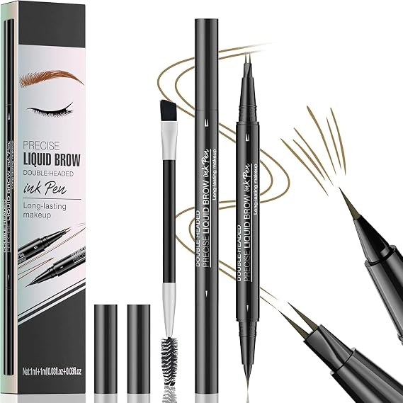 Microblading Eyebrow Pen, Dual-Ended Eyebrow Pencil with 2 Micro-Fork-Tip & Spoolie Brush, 3D Waterproof Eye Brow Pencils, Long-lasting Brow Pen for Natural Looking Brows Makeup (Light Brown)
