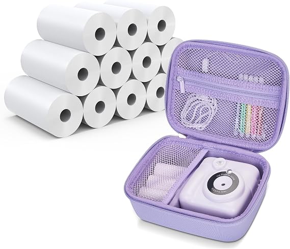 A Set of 12 Rolls Instant Print Paper for Kids Instant Camera and A Purple Camera Case