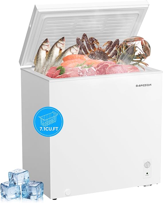BANGSON 7.1 Cu.Ft Chest Freezer for Apartment, White | Deep Freezer with Adjustable Thermostat, Top Open Door Freezer with Removable Basket, Low Noise for Kitchen, Office