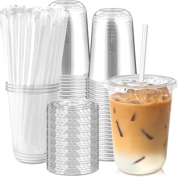 50 Pack 16 oz Plastic Coffee Cups with Lids and Straws