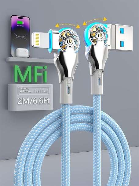 Bidirectional 90 Degree iPhone Charging Cable, 6FT Left&Right Angle Lightning Cable,High Speed Data Sync iPhone Lightning Charger Cable for iPhone 14/13/12/11/Pro/Max/XS/MAX/XR/XS/X/8/7/Plus/6S