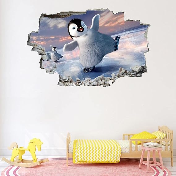 Animals 3D Wall Sticker Removable Penguins Wall Decor Floor Ceiling Smashed Decal Art Decoration Modern for Bathroom Bedroom Living Room Playing Room Mural 26" W x 18" H
