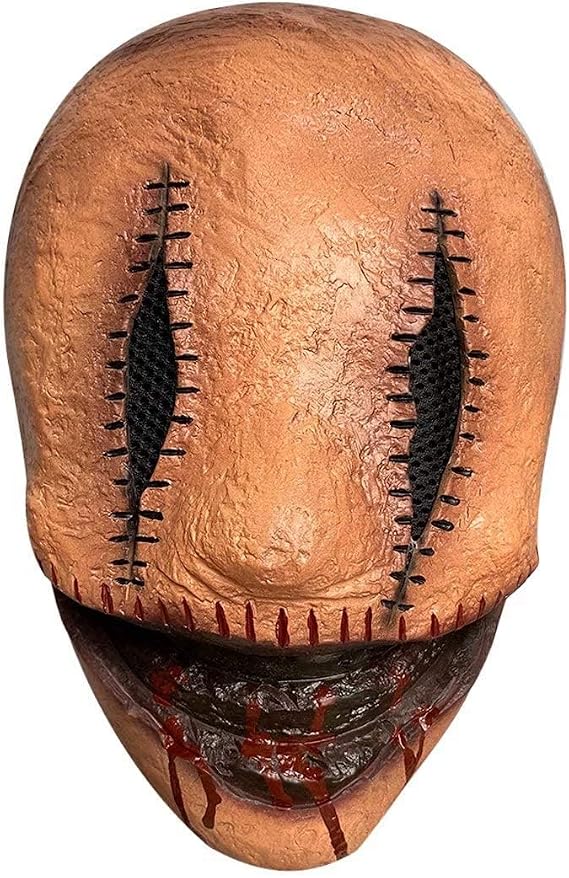 Creepy Smiley Face Mask Men Halloween Scary Movie Killer Zombie Mask | Full head headgear, latex, adult one size, emulsion skin, stitched eyes, bloody grin, cosplay costume props, horror parties
