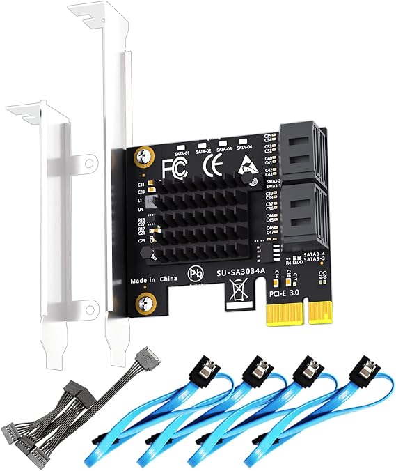GLOTRENDS SA3034-C 4-Port PCIe X1 SATA Expansion Card with SATA and Power Cables, Compatible with Windows,Linux,Mac OS,NAS