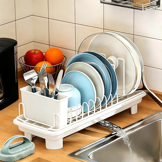Compact Dish Drying Rack for Countertop, Small-Sized for Dorms, RVs & Tiny Kitchens, Auto-Drain, Adjustable Slots, Rust-Resistant with Utensil Caddy & Sponge Holder (White)