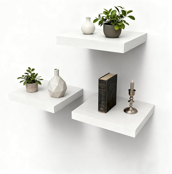 Set of 3 Wall Shelves Floating Shelves White Wood Floating Shelves Wall Shelves Wall Shelves Hanging Shelves Kitchen Shelves Bookcases Bathroom Shelves Hanging Organisers White (Oak Wood