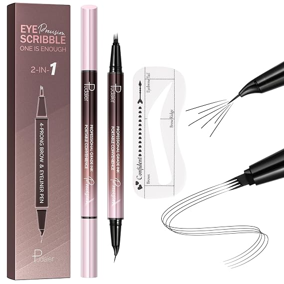 Waterproof Microblading Eyebrow Pen,2-in-1 Dual Ended Eyebrow Pen & 10 Eyebrow Stamp,4-Fork-Tip & Precise Brush-Tip for Natural Hair-Like Brows, Perfect Eyebrows Makeup. (natural black)
