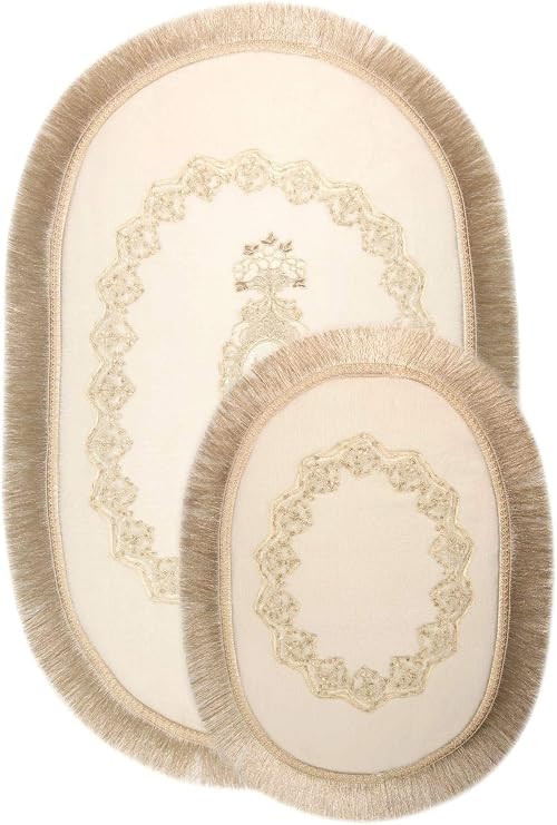 Exclusive Oval Krem Püsküllü 3lü Klozet Takımı Çeyizlik Banyo Halısı Paspası Seti